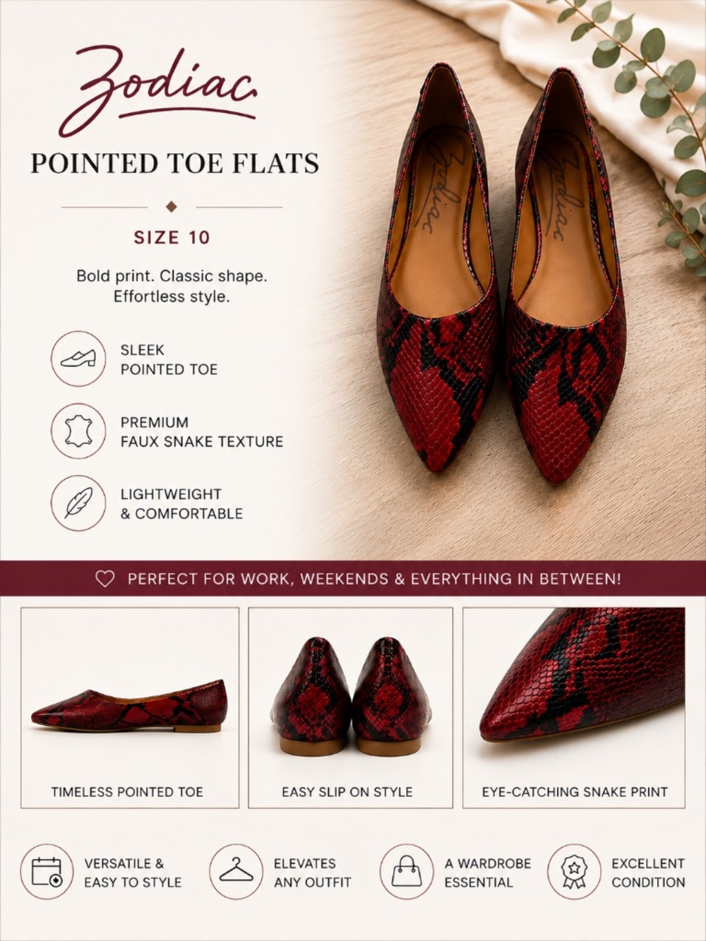 Zodiac Size 10 Red Black Snakeskin Print Pointed Toe Ballet Flats